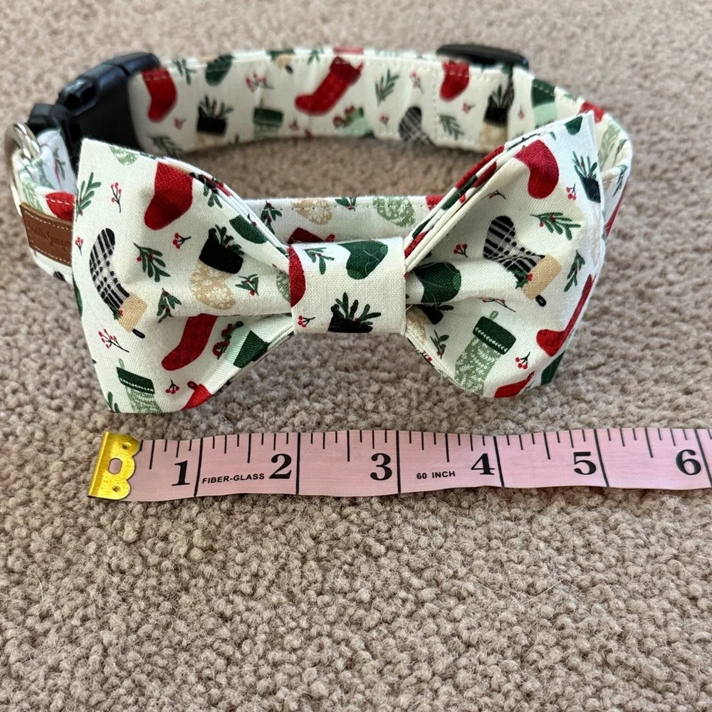 Holiday Cream Bow Tie Dog Collar with Red & Green Stocking Print